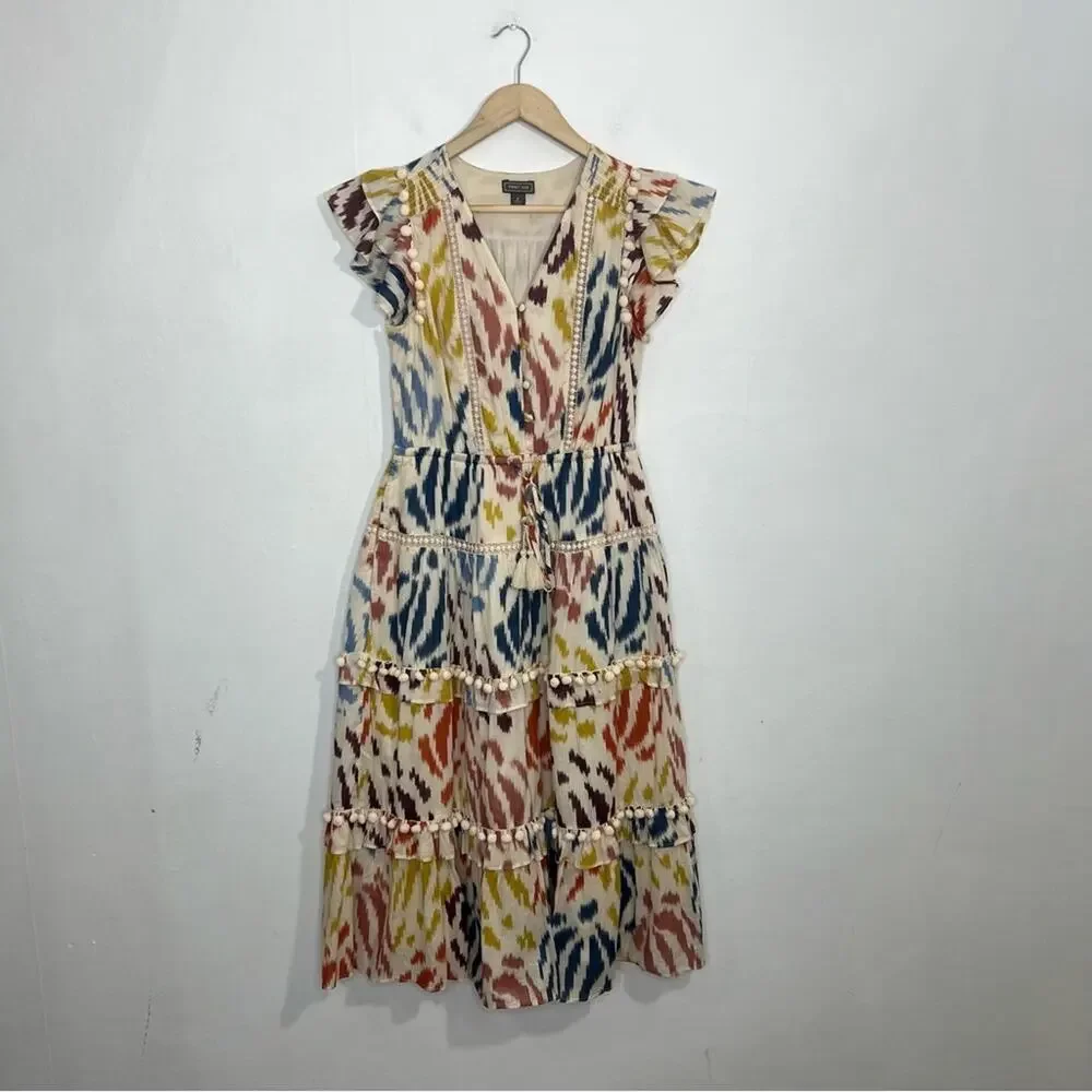 J. Crew Point Sur Tiered Pom Pom Midi Flutter Sleeve Cotton Ikat Dress Size 2